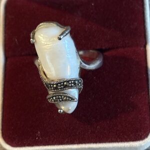 Sterling Silver Baroque Pearl Teardrop Shaped Marcasite Ring 7